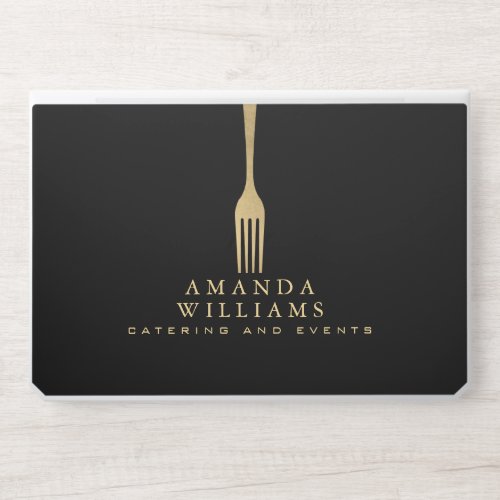 Modern Faux Gold Fork Catering Logo on Black HP Laptop Skin