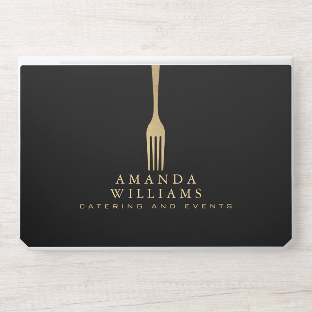 Modern Faux Gold Fork Catering Logo on Black HP Laptop Skin (Front)