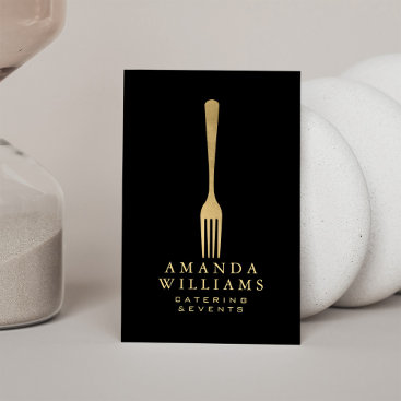 Modern Faux Gold Fork Catering Logo on Black II Business Card