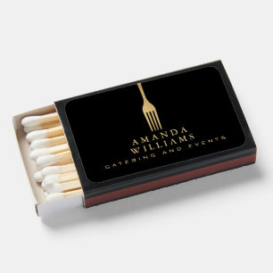 Modern Faux Gold Fork Catering Logo on Black Matchboxes
