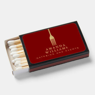 Modern Faux Gold Fork Catering Logo on Red Matchboxes