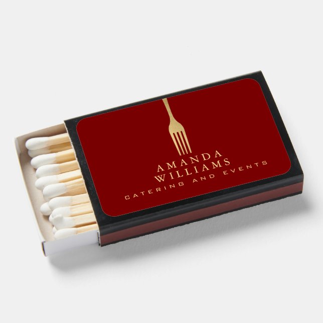 Modern Faux Gold Fork Catering Logo on Red Matchboxes (Front Open)