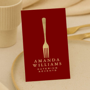 Modern Faux Gold Fork Catering Logo Red Vertical Business Card