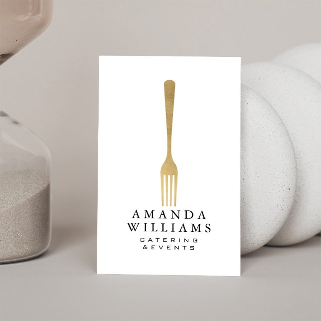 Modern Faux Gold Fork Catering Logo Vertical Business Card (Creator Uploaded)