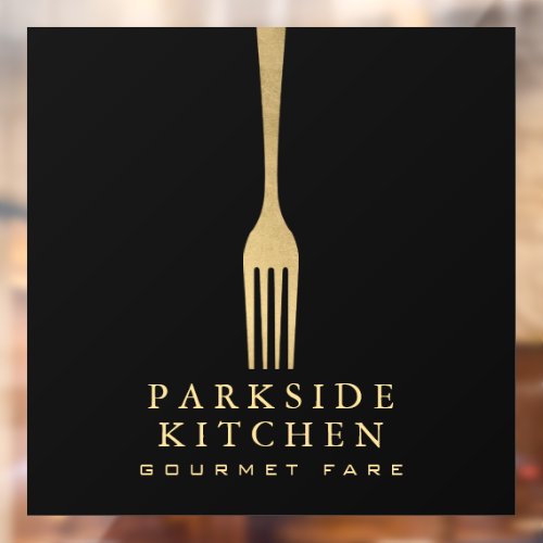 Modern Faux Gold Fork Restaurant Logo on Black Window Cling