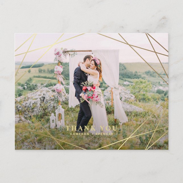 Modern Faux Gold Geometric Frame Wedding Thank You Postcard (Front)