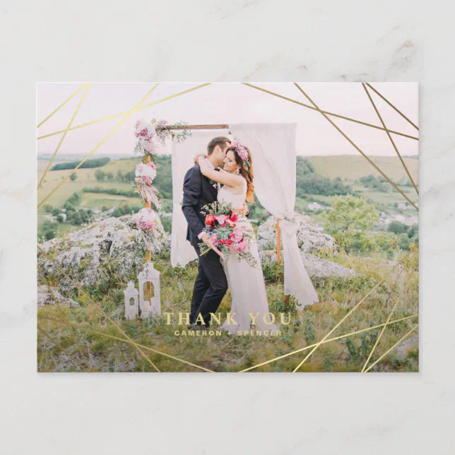 Modern Faux Gold Geometric Frame Wedding Thank You Postcard | Zazzle