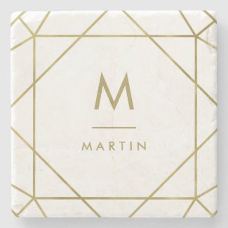 Modern Faux Gold Geometric Lines with Monogram Stone Coaster