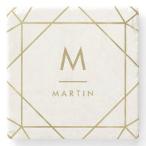 Modern Faux Gold Geometric Lines with Monogram Stone Coaster Modern Faux Gold Geometric Lines with Monogram Stone Coaster