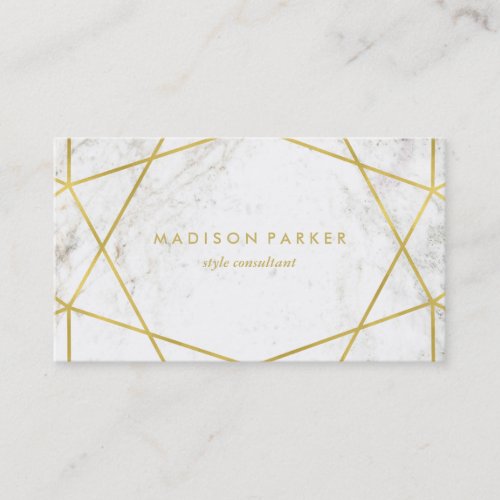 Modern Faux Gold Geometric on White Marble Business Card