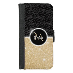 Modern faux Gold Glitter Black Leather Monogram iPhone 8/7 Wallet Case