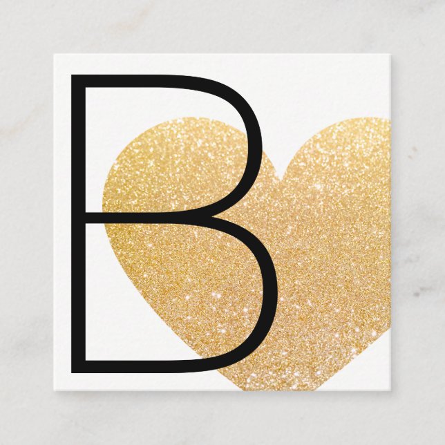 Modern Faux Gold Glitter Heart Black White Square Square Business Card (Front)