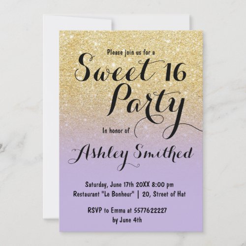 Modern faux gold glitter ombre lavender Sweet 16 Invitation