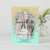 Modern faux gold glitter ombre mint photo Sweet 16 Invitation (Standing Front)