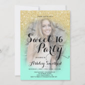 Modern faux gold glitter ombre mint photo Sweet 16 Invitation (Front)