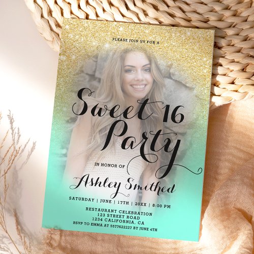 Modern faux gold glitter ombre mint photo Sweet 16 Invitation