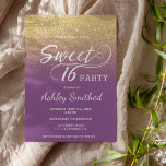 Modern faux gold glitter ombre purple Sweet 16 Invitation<br><div class="desc">A modern,  pretty faux gold glitter shower ombre with purple color block Sweet 16 birthday party invitation with elegant typography  with gold ombre pattern fading onto a customizable background. Perfect for a princess Sweet sixteen.</div>