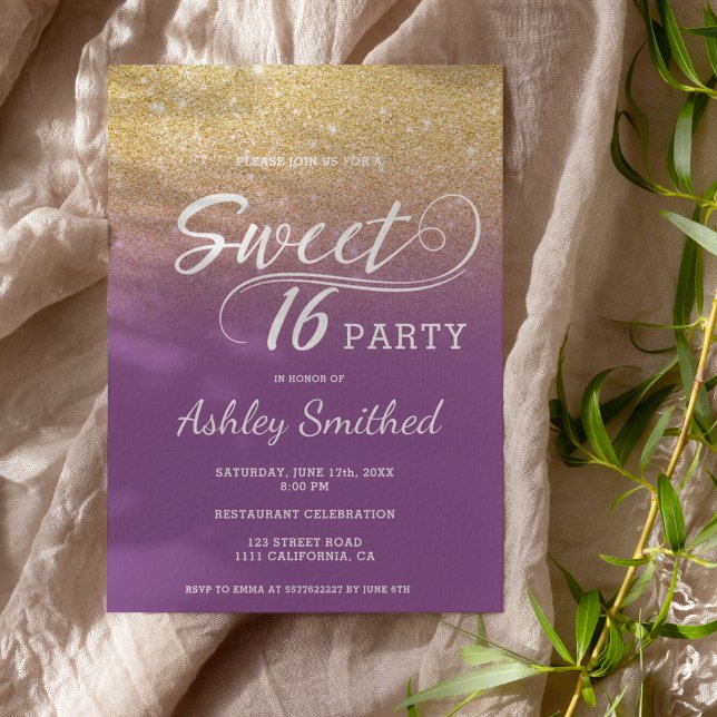 Modern faux gold glitter ombre purple Sweet 16 Invitation