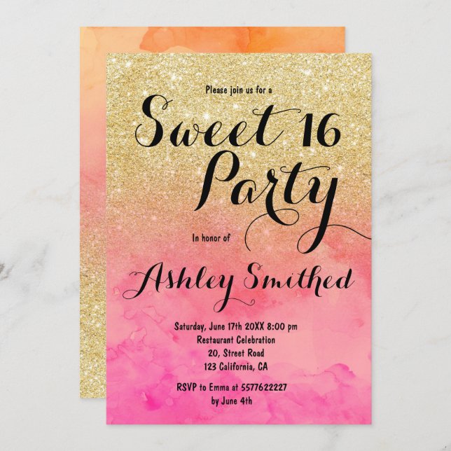 Modern faux gold glitter pink watercolor Sweet 16 Invitation (Front/Back)