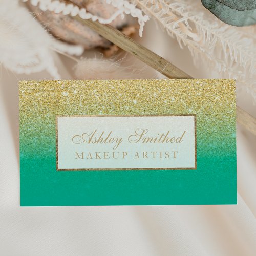 Modern faux gold glitter turquoise ombre makeup business card