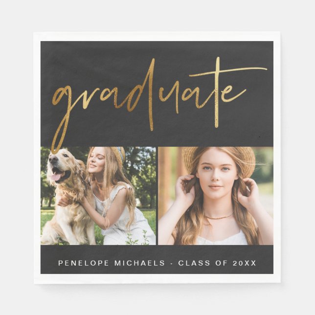 Modern Faux Gold Graduate Script Photo Grid Black Napkins (Front)
