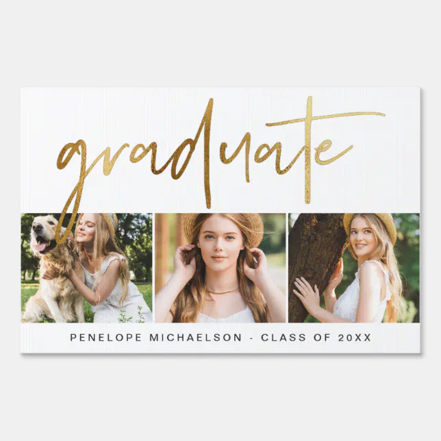 Modern Faux Gold Graduate Script Photo Grid Sign | Zazzle