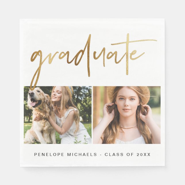 Modern Faux Gold Graduate Script Photo Grid White Napkins (Front)