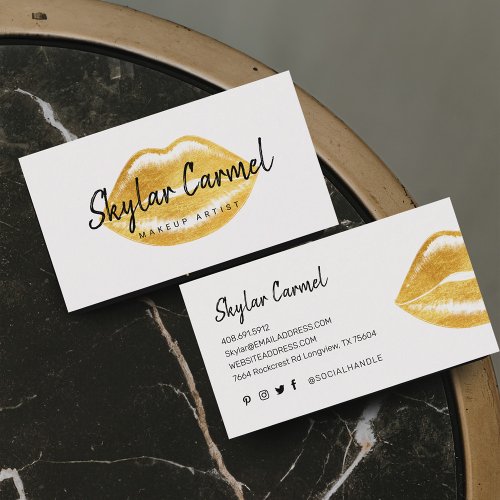 Modern Faux Gold Lip Trendy Makeup Artist White Business Card