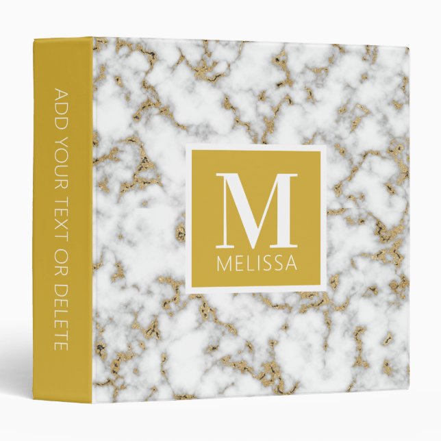 Modern Faux Gold Marble Monogram 3 Ring Binder (Front/Spine)