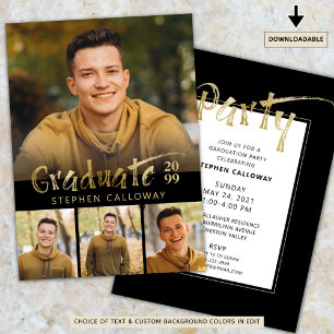 Modern Faux Gold Metallic 4 Photo Graduation Party Invitation