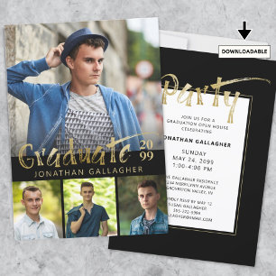 Modern Faux Gold Metallic 4 Photo Graduation Party Invitation