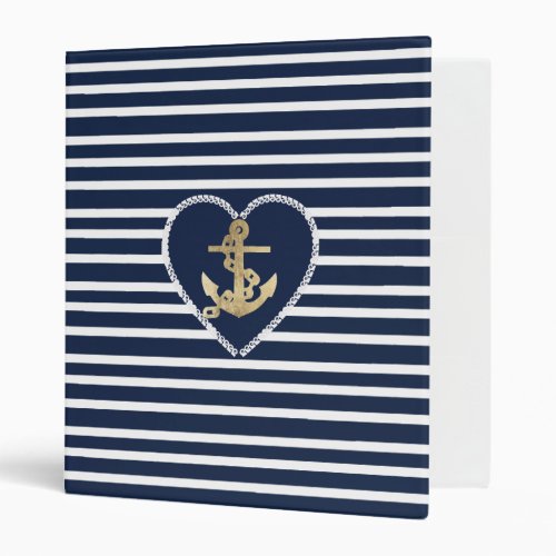 Modern faux gold navy blue anchor nautical stripes binder