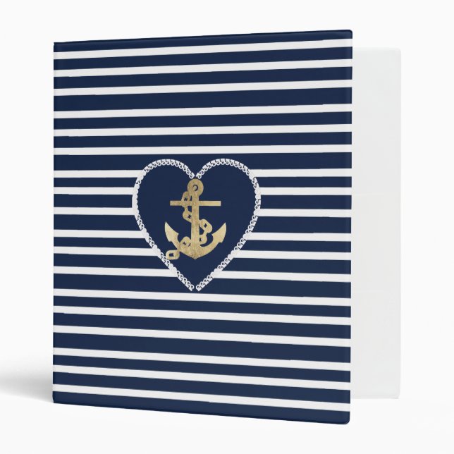 Modern faux gold navy blue anchor nautical stripes binder (Front/Inside)