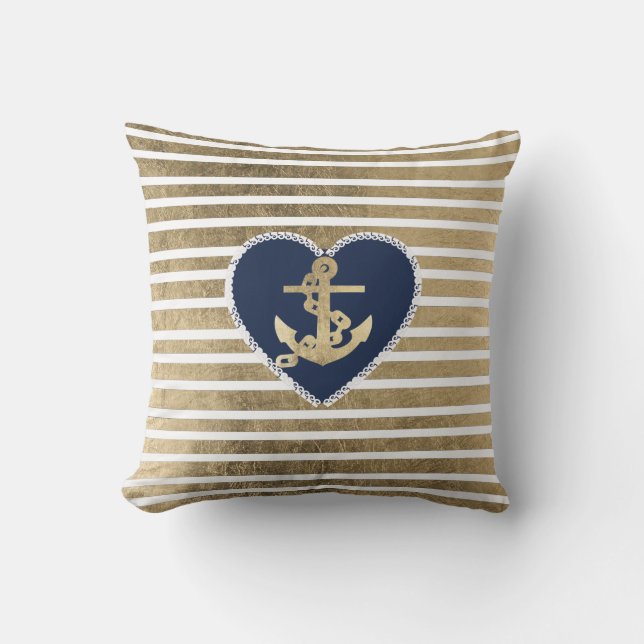 Modern faux gold navy blue anchor nautical stripes throw pillow (Front)