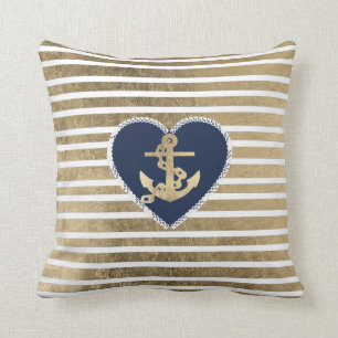 Modern faux gold navy blue anchor nautical stripes throw pillow