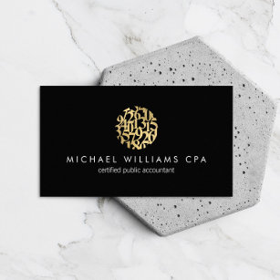 Modern Faux Gold Numbers Logo Accountant Black Business Card