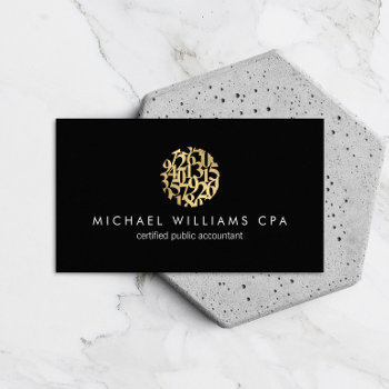 Modern Faux Gold Numbers Logo Accountant Black Business Card by 1201am at Zazzle