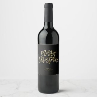 Modern Faux Gold on Black | Merry Christmas Wine Label