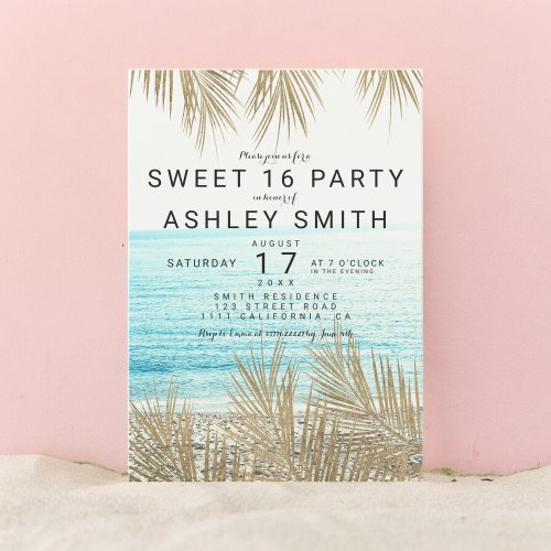 Modern faux gold palm tree beach photo Sweet 16 Invitation