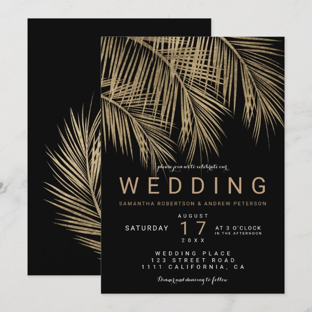 Modern faux gold palm tree elegant black wedding invitation (Front/Back)