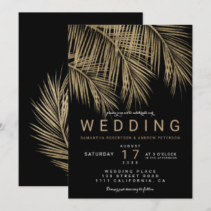 Modern faux gold palm tree elegant black wedding invitation