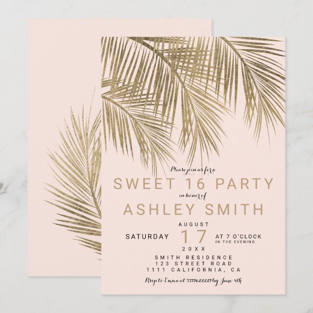 Modern faux gold palm tree elegant pink Sweet 16 Invitation (Front/Back)