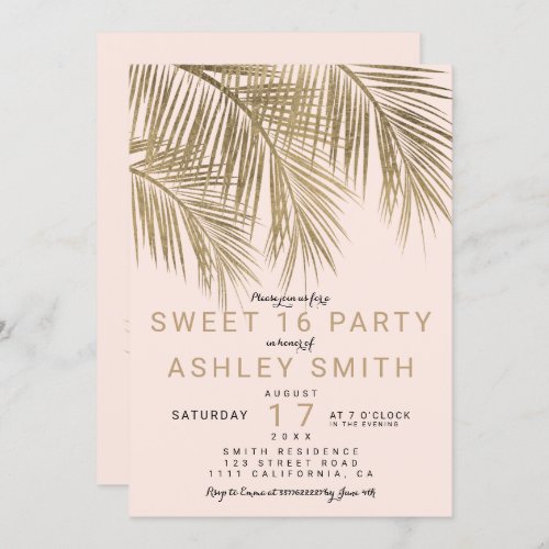 Modern faux gold palm tree elegant pink Sweet 16 Invitation