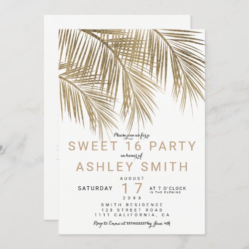 Modern faux gold palm tree elegant Sweet 16 Invitation