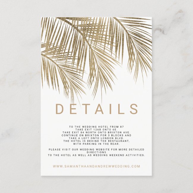 Modern faux gold palm tree elegant wedding details enclosure card