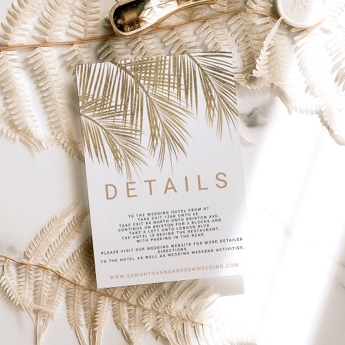 Modern faux gold palm tree elegant wedding details enclosure card
