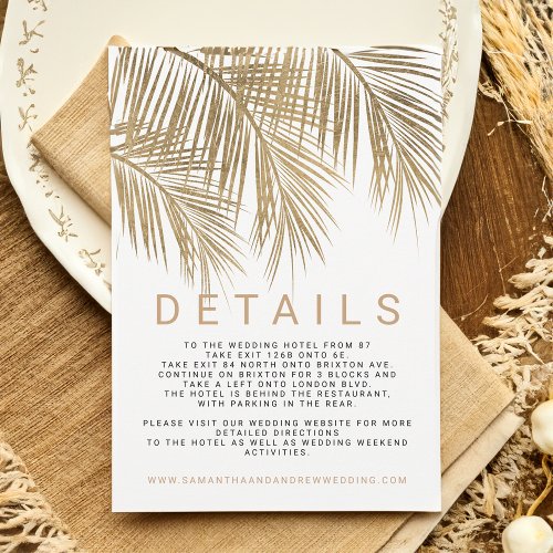 Modern faux gold palm tree elegant wedding details invitation