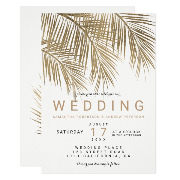 256754584369718487 Modern faux gold palm tree elegant wedding invitation