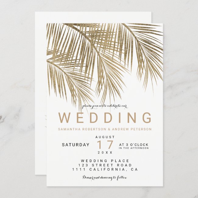 Modern faux gold palm tree elegant wedding invitation