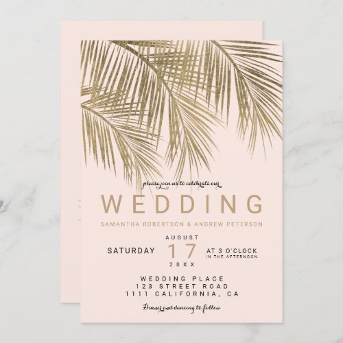 Modern faux gold palm tree elegant wedding pink invitation